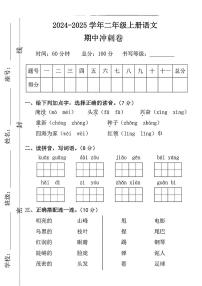 山东省济宁市金乡县多校2024-2025学年二年级上学期期中调研语文试卷