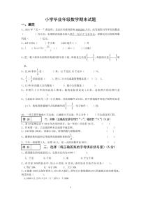 2021年六年级数学中考模拟试题（无答案）