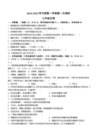 江苏省南京市上元中学2024-2025学年七年级上学期第一次月考生物试卷(无答案)