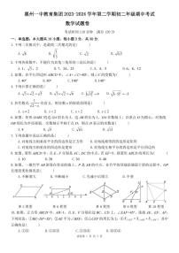 广东省惠州市惠城区惠州一中教育集团2023-2024学年下学期八年级期中考试数学试题卷