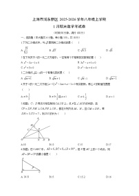 2025-2026学年上海市浦东新区八年级上学期1月期末考数学试卷（学生版）