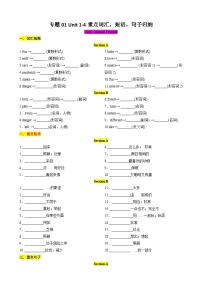 2024版人教版七年级下册英语期中专题复习 Unit 1-4重点词汇，短语，句子归纳讲义（有答案）