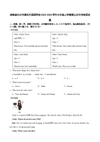 湖南省长沙市雅礼外国语学校2023-2024学年七年级上学期第三次月考英语试题