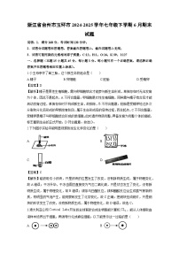 2024-2025学年浙江省台州市玉环市七年级下学期6月期末 科学试卷（解析版）