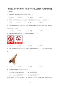湖南省长沙市浏阳市2025~2026学年八年级上册11月期中考试物理试卷（含答案）
