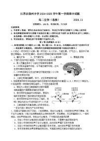 江苏省扬州中学2024-2025学年高二上学期11月期中考试生物试卷（Word版附答案）