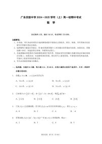 广东省实验中学2024-2025高一上学期期中数学试卷及答案