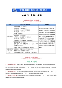 十年（2016-2025）高考英语真题分类汇编：专题01 名词、冠词（全国通用）（原卷版）
