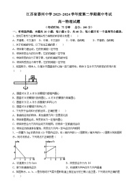 江苏省泰州中学2023-2024学年高一下学期4月期中考试物理试卷（Word版附答案）