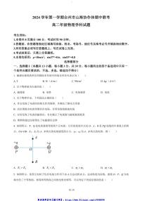 2024～2025学年浙江省台州市山海协作体高二(上)期中联考(月考)物理试卷(含解析)