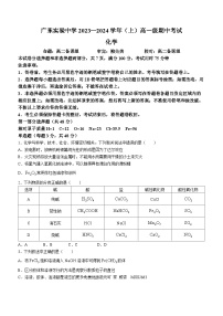 广东实验中学2023-2024学年高一上学期期中考试化学试题