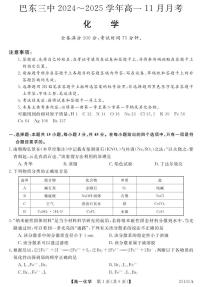 湖北省恩施土家族苗族自治州巴东县第三高级中学2024-2025学年高一上学期11月月考 化学试题