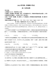 上海市光明中学2024-2025学年高一上学期期中考试 化学 试卷 (无答案)