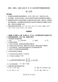 浙江省湖州市、衢州市、丽水市2024-2025学年高三上学期11月教学质量检测化学试卷及参考答案