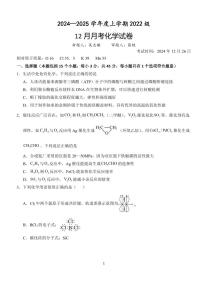 化学丨湖北省荆州市沙市中学2025届高三上学期12月月考化学试卷及答案