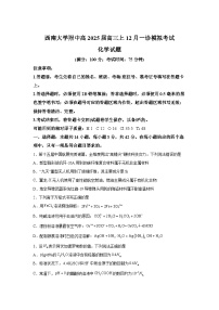重庆市西南大学附属中学2024-2025学年高三上学期12月一诊模拟考试化学试题（Word版附解析）