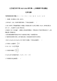 江苏省苏州中学2025-2026学年高一上学期期中考试化学模拟试卷（含答案）