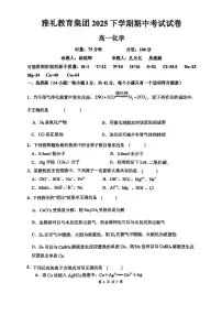 湖南省长沙市雅礼教育集团2025-2026学年高一上学期期中考试+化学试题