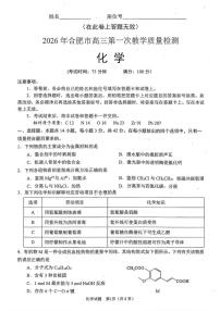 安徽省合肥市普通高中2026年高三上学期高考一模质量检测（合肥一模）化学试题（含答案）